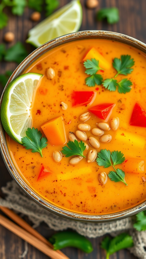 A colorful bowl of coconut curry lentil soup with vegetables and cilantro, presented with lime wedges and chopsticks.